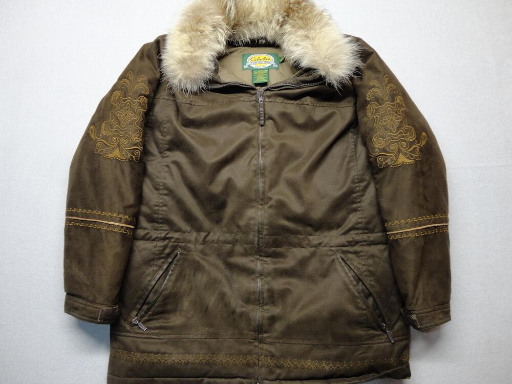 Cabela's Coat Womens Medium Aztec Y2K Brown Down Parka Embroidered Fur Trim Warm